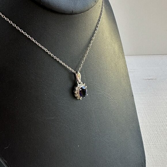 Silver-Tone Necklace With Blue Faceted Glass Rhinestone Pendant & Clear Rhinesto - Picture 5 of 8